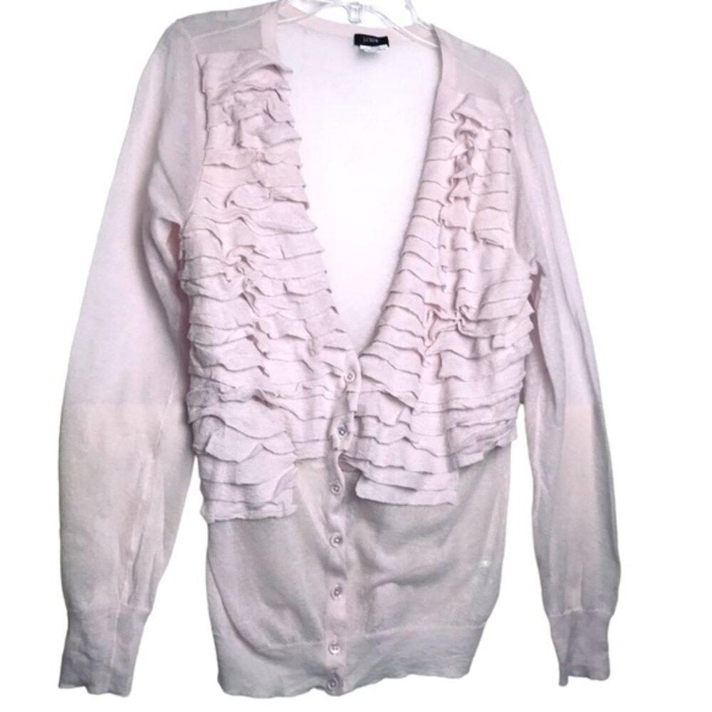 J.Crew Ruffle Cotton Cardigan Sweater Top Lightweight Knit Preppy V Semi Sheer M